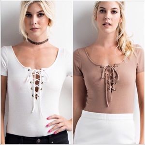White & Mocha Lace Up Bodysuits